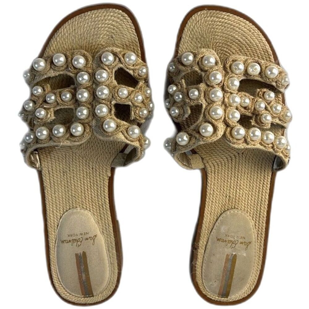 Sam Edelman Bay Pearl Summer Sand Raffia Embellished Slide Sandals